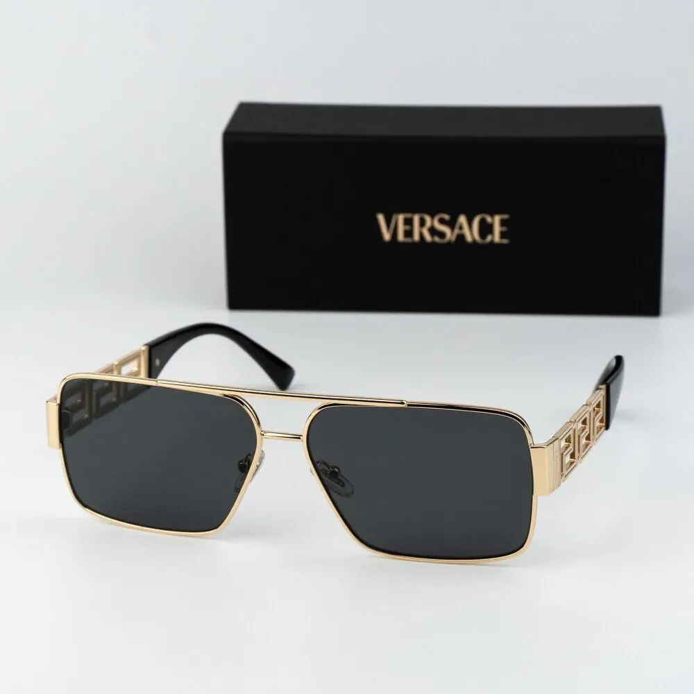 Versace Women Sunglasses Gold Grey Rectangle VE2290 100287 NEW AUTHENTIC